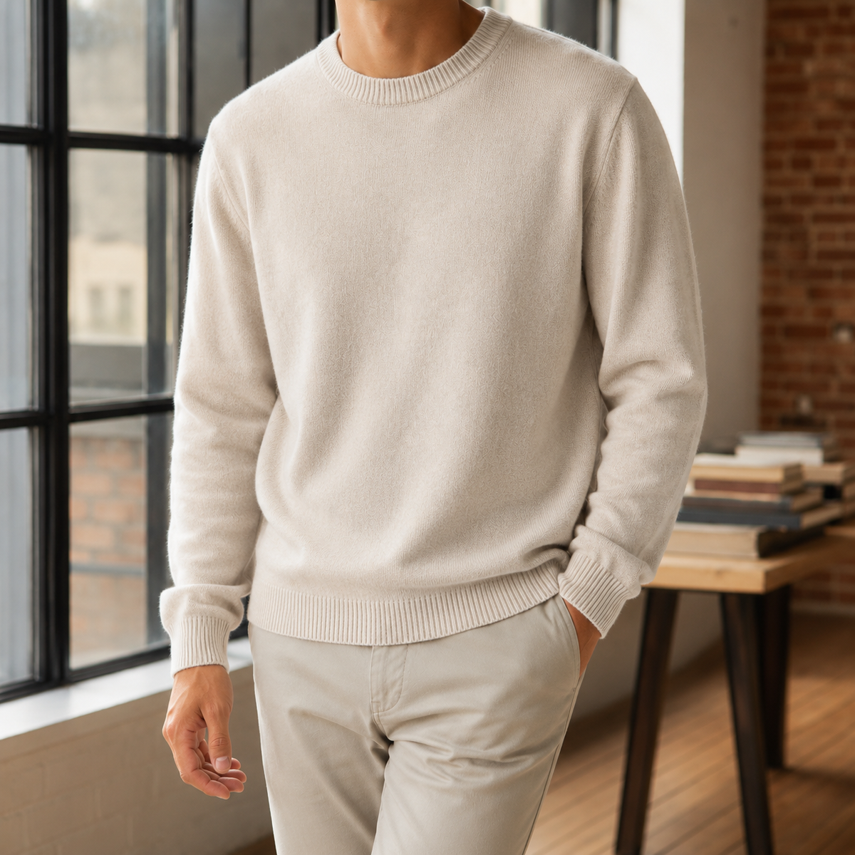 Fine Gauge Crewneck Sweater with Ribbed Trims
