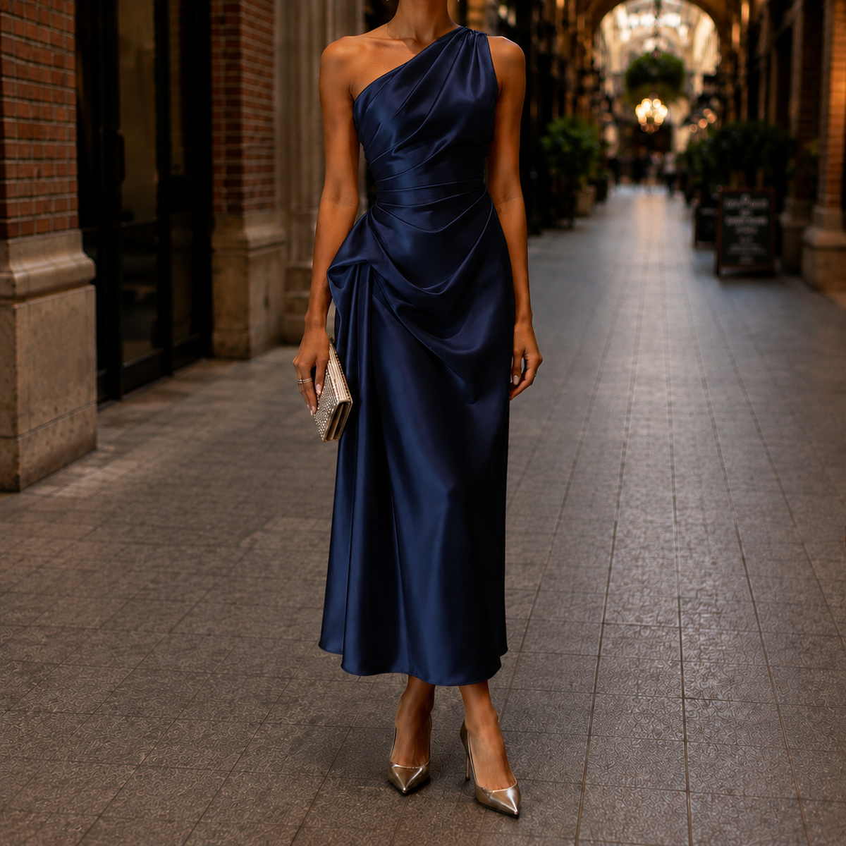 Womens satin midi dress in Navy, front view