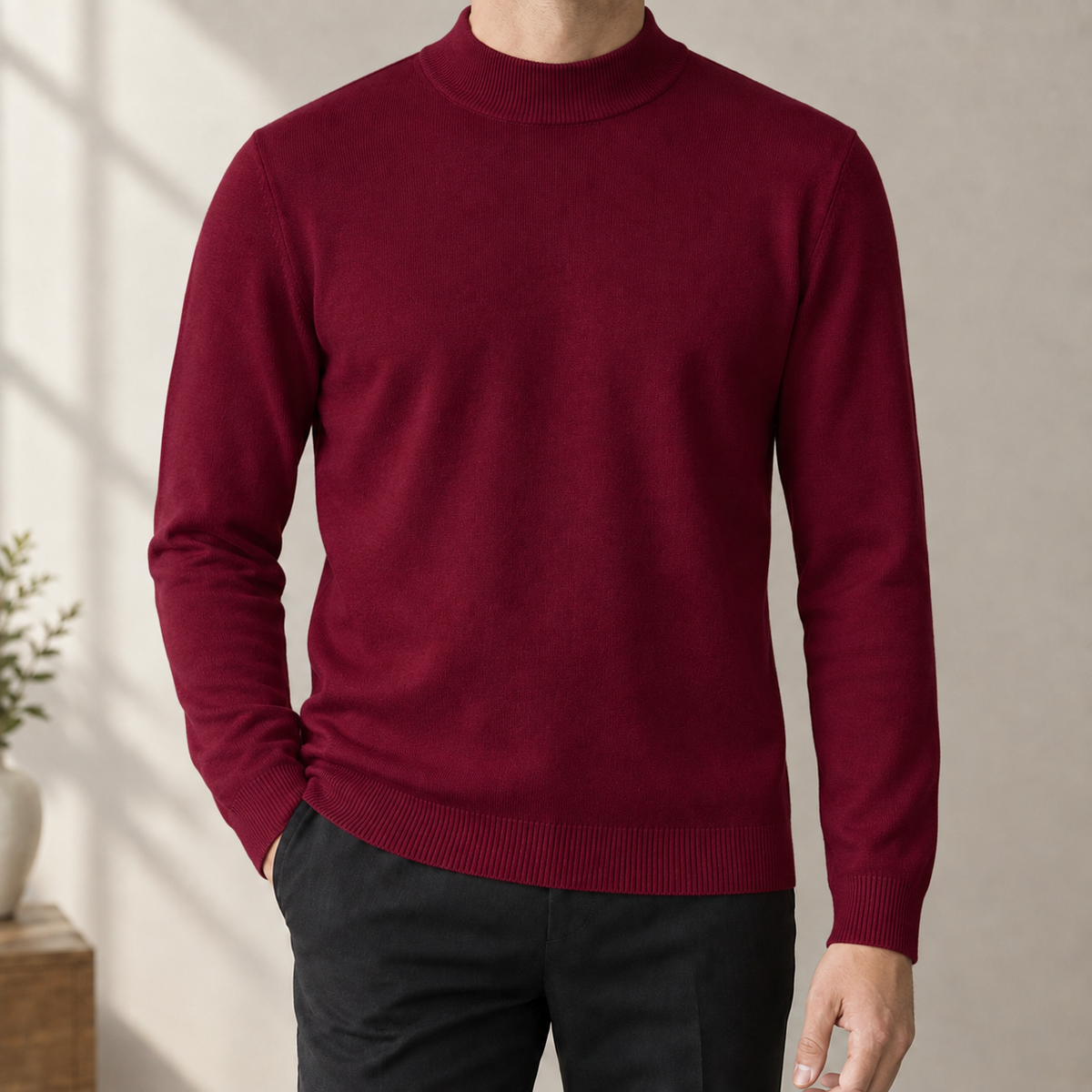 Mens mock neck sweater in Wine Red, front view