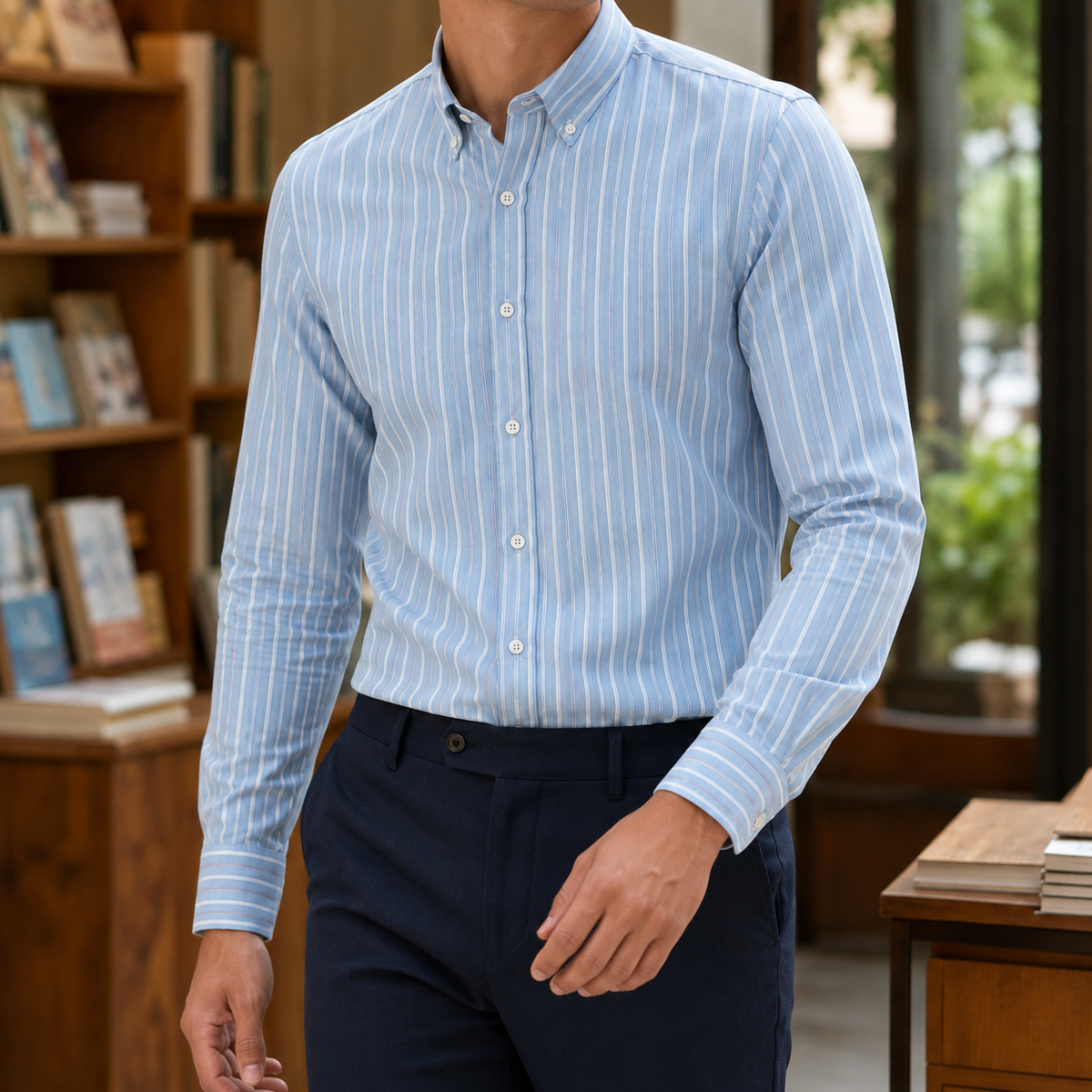 Striped Dress Shirt with Button Down Collar