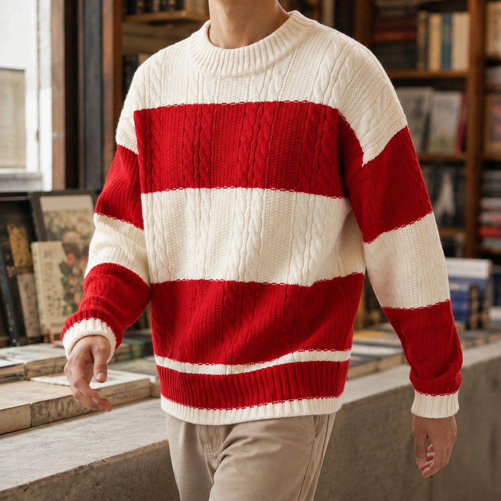Striped Cable Knit Sweater with Crew Neck