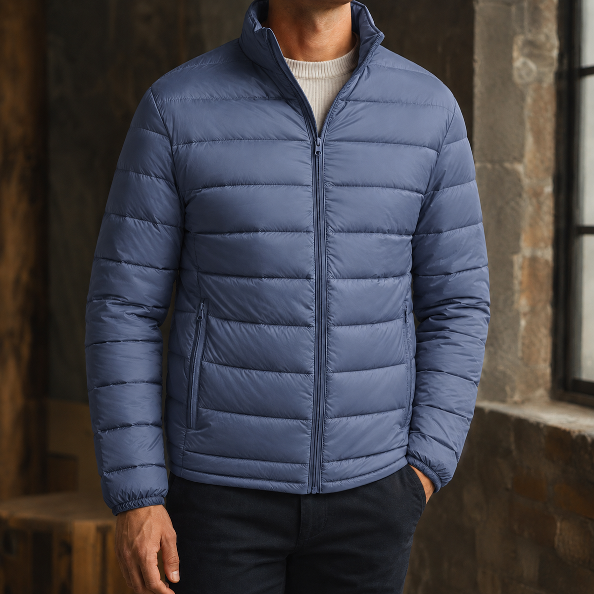 Stand Collar Down Jacket with Lightweight Quilting