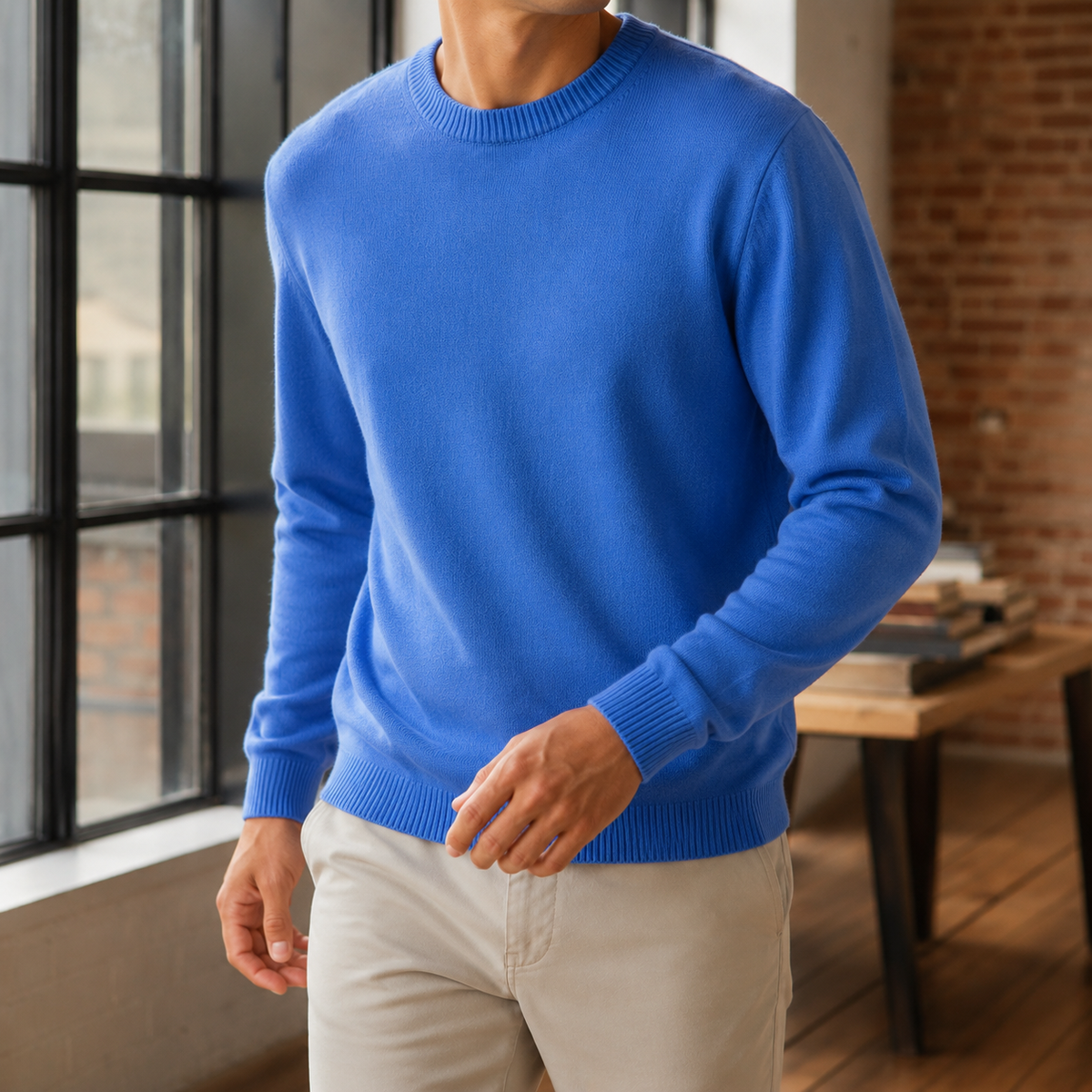 Fine Gauge Crewneck Sweater with Ribbed Trims