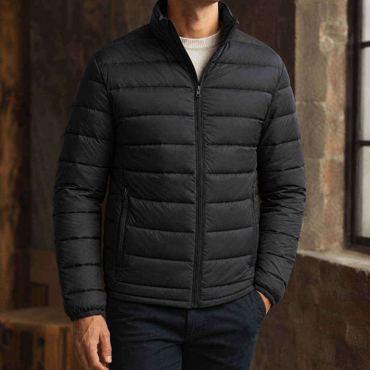 Stand Collar Down Jacket with Lightweight Quilting
