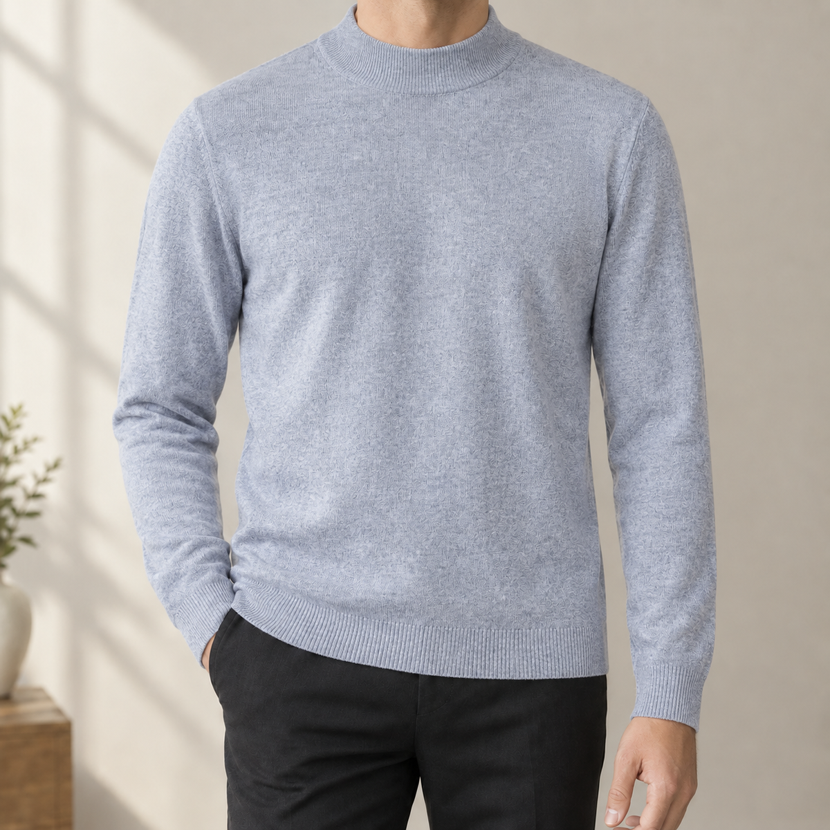 Mens mock neck sweater in Light Gray, front view