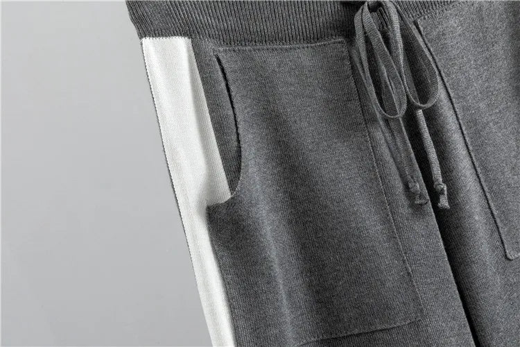 Womens tracksuit with contrast stripe trim in Gray, close-up of the drawstring and pocket