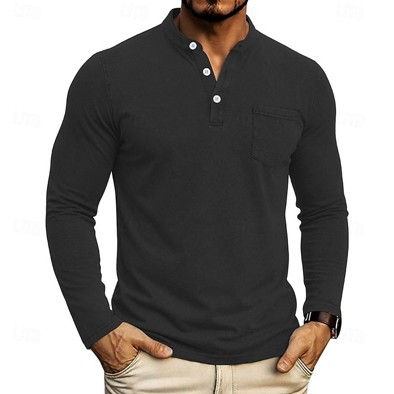 Chest Pocket Henley Shirt for Men in Black