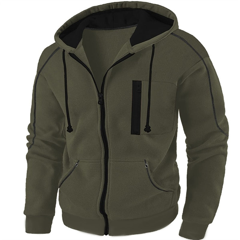 Mens zip up hoodie with black piping, shown in olive