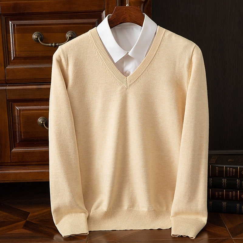 Beige lightweight V Neck Sweater for Men