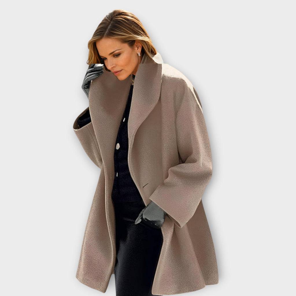 Womens wool coat with shawl collar in Khaki, swing cut, worn open over dark knitwear