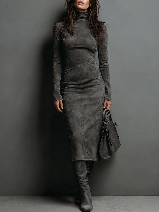 Womens turtleneck midi dress in Gray, full length front view