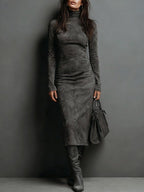 Womens turtleneck midi dress in Gray, full length front view