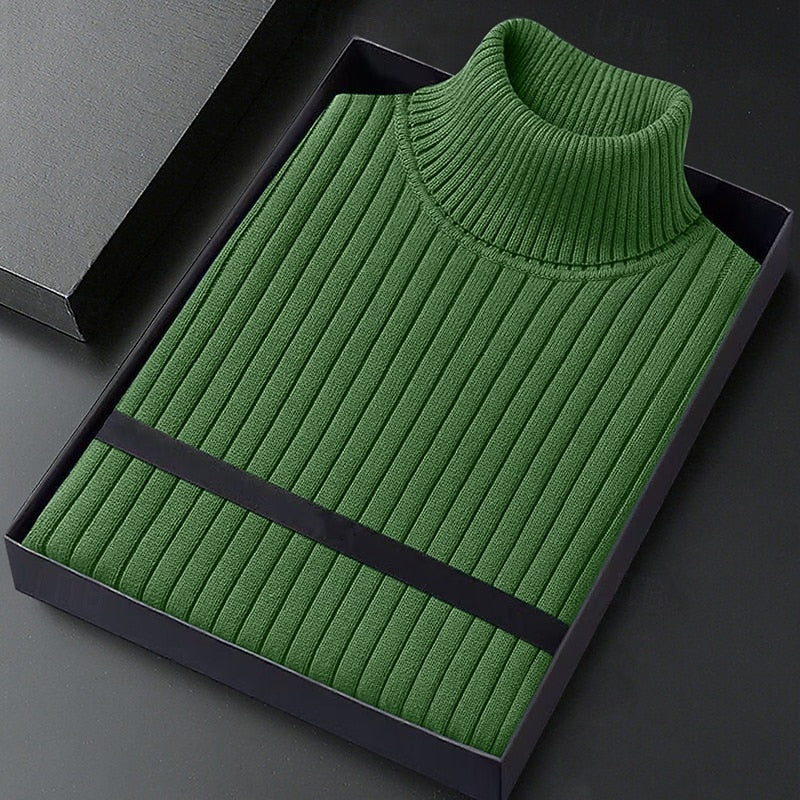 Mens turtleneck sweater in Green, folded in a gift box