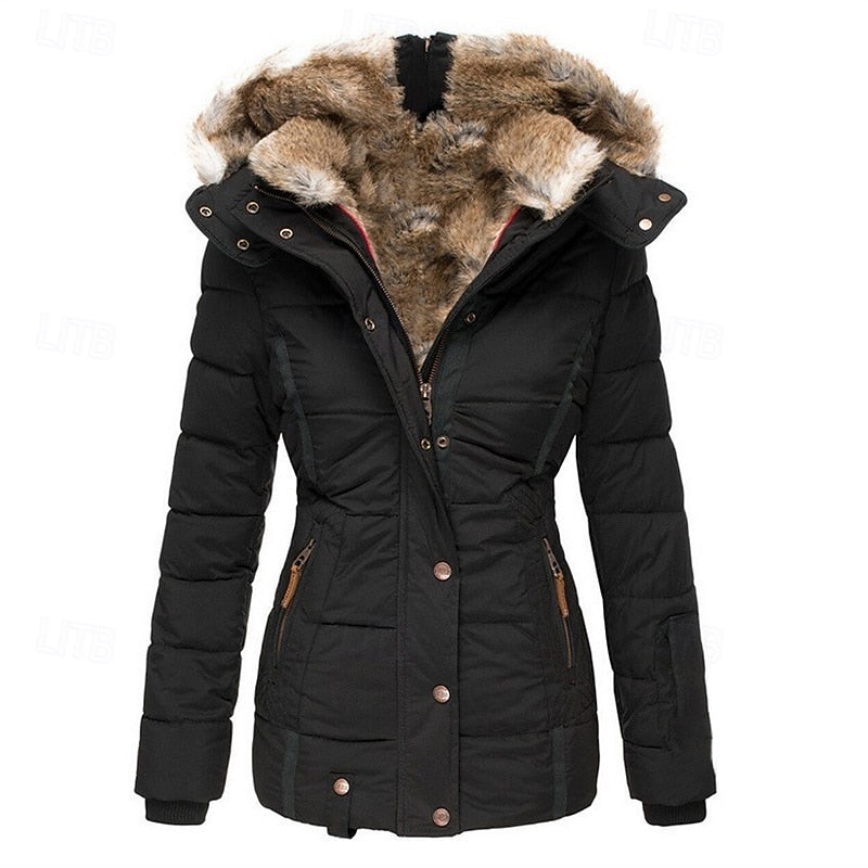 Womens puffer jacket in Black with faux fur lined hood and snap placket