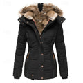 Womens puffer jacket in Black with faux fur lined hood and snap placket