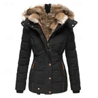 Womens puffer jacket in Black with faux fur lined hood and snap placket