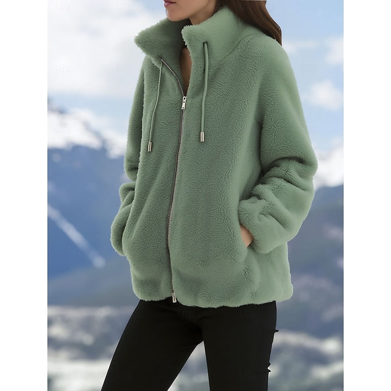 Womens fleece jacket in Green teddy pile with stand collar and drawstring