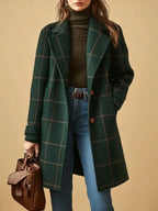 Womens plaid wool blend coat in Green, full front view