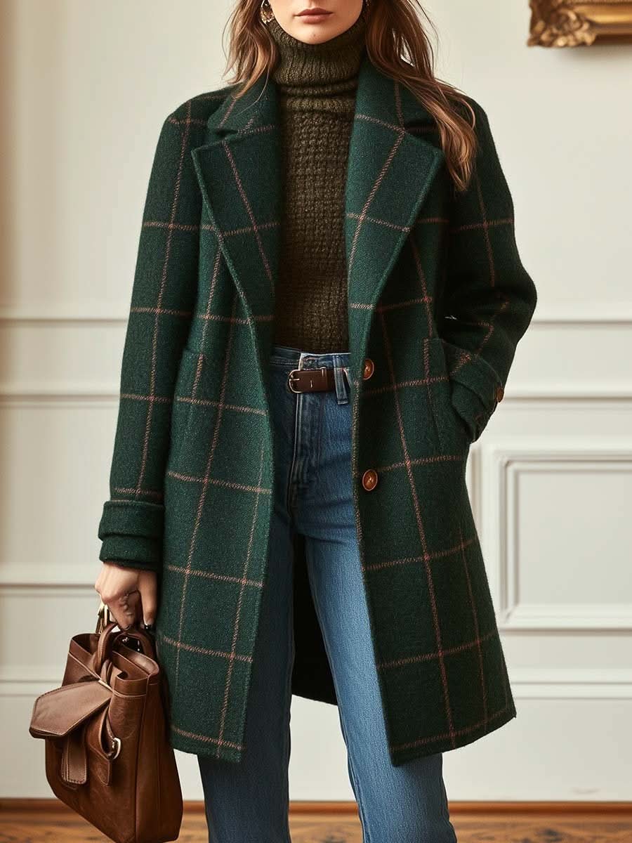 Womens plaid wool blend coat in Green, worn open over a sweater and jeans