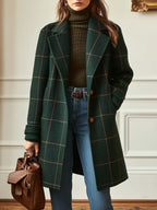 Womens plaid wool blend coat in Green, worn open over a sweater and jeans