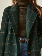 Womens plaid wool blend coat in Green, close-up of the lapel and buttons
