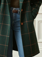 Womens plaid wool blend coat in Green, close-up of the flap pocket