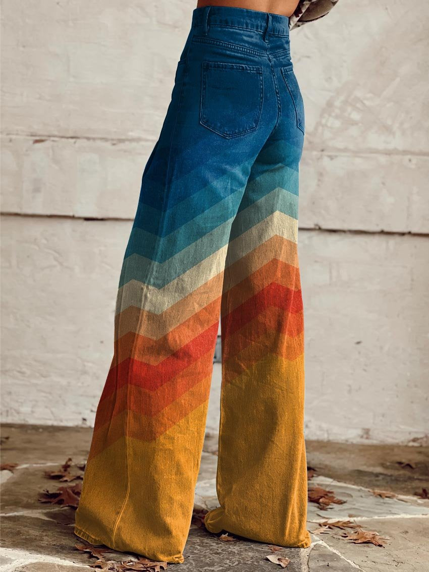 Womens wide leg jeans in Multicolor chevron print, back view