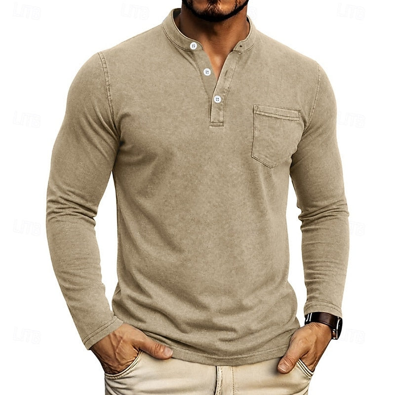 Chest Pocket Henley Shirt for Men in Khaki