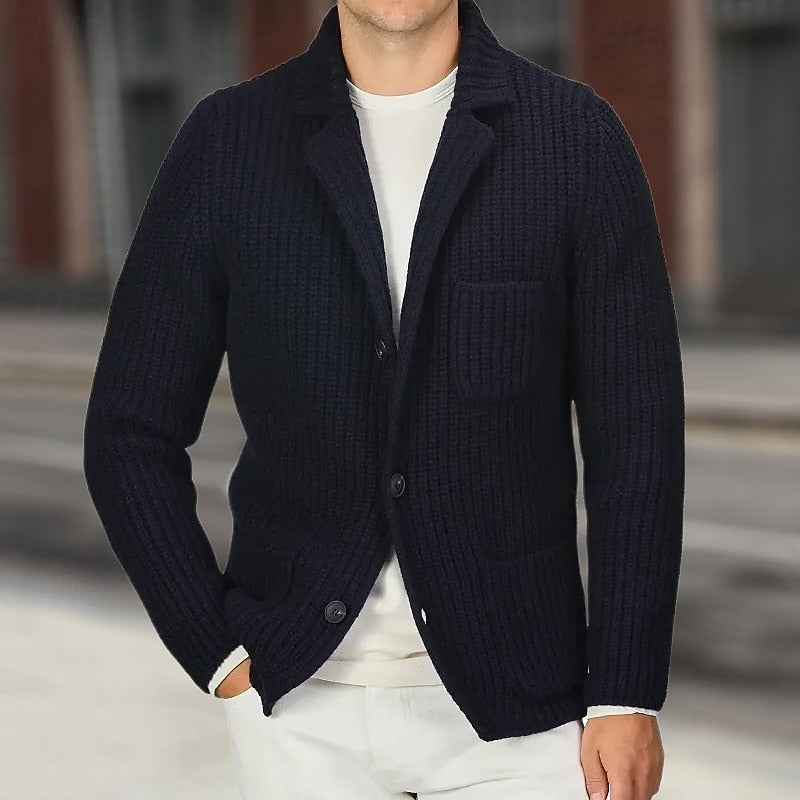 Mens cardigan in Navy worn open over a white tee
