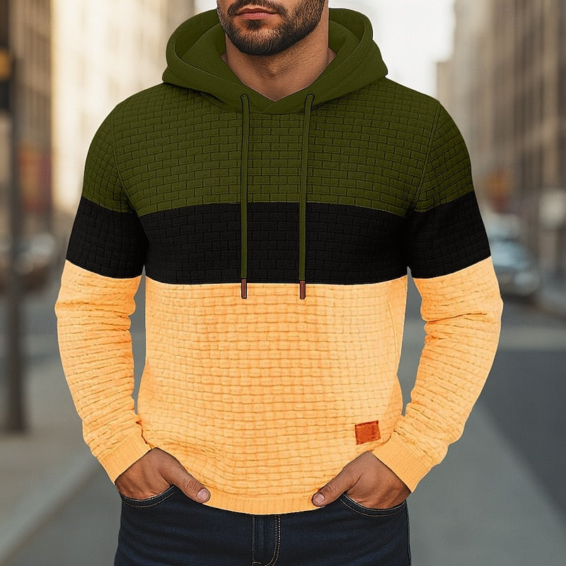 Mens color block hoodie with an olive hood, black band and yellow body
