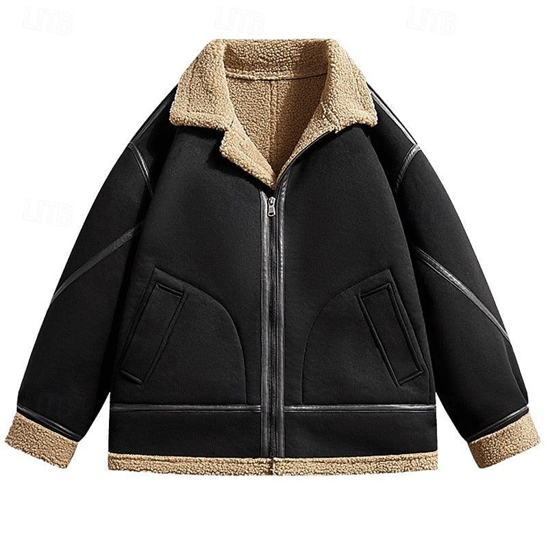 Faux Shearling Aviator Jacket for Men with Wide Collar