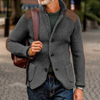 Mens cardigan with stand collar and shoulder patches, shown in gray