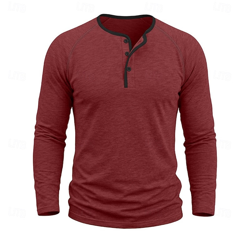 Mens henley shirt in Red, front view