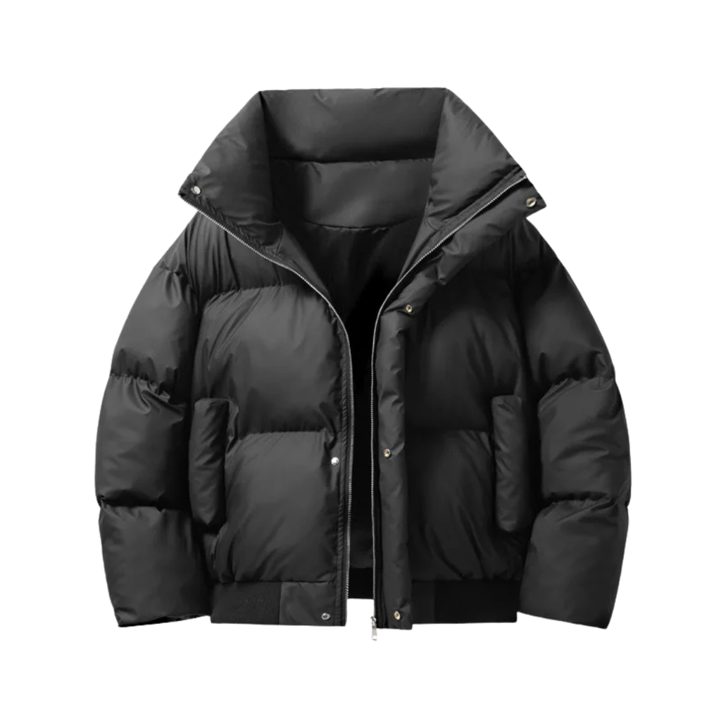 Black funnel Neck Puffer Jacket for Men with Boxy Fit