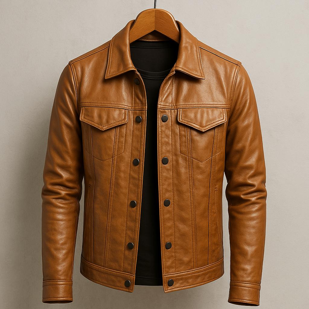 Mens leather trucker jacket in Tan, front view on a hanger
