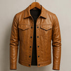 Mens leather trucker jacket in Tan, front view on a hanger