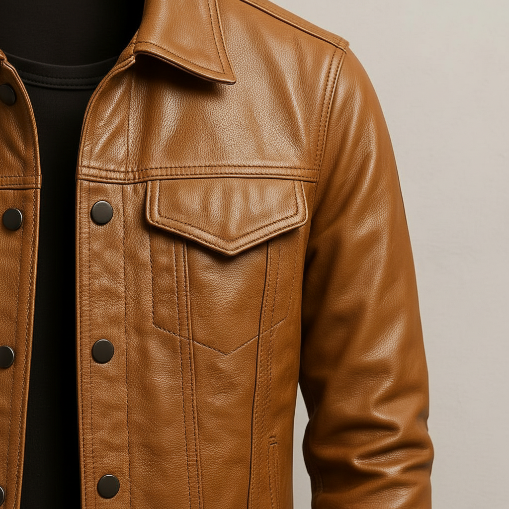 Mens leather trucker jacket in Tan, close-up of the snap flap chest pocket