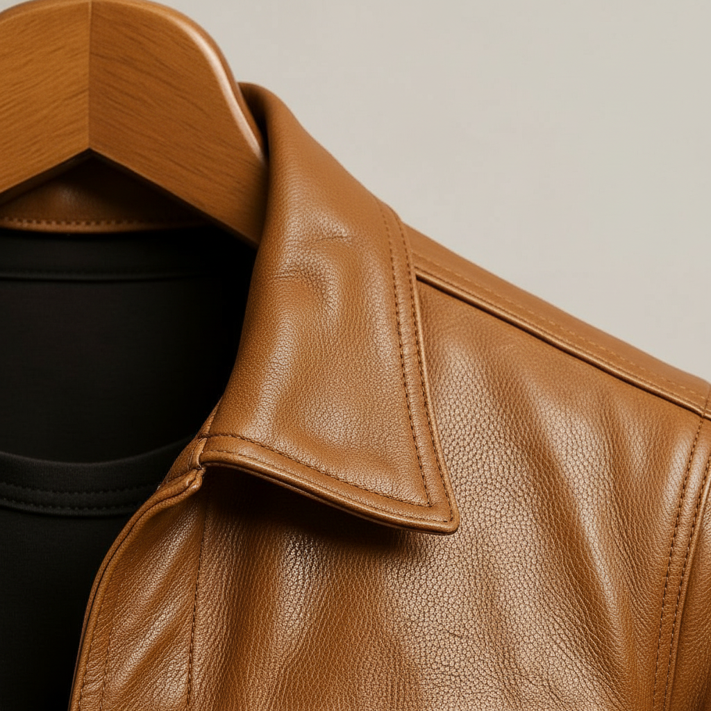 Mens leather trucker jacket in Tan, close-up of the point collar