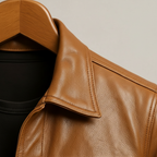 Mens leather trucker jacket in Tan, close-up of the point collar