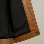 Mens leather trucker jacket in Tan, open front showing the black lining