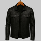 Mens leather trucker jacket in Black, front view on a hanger
