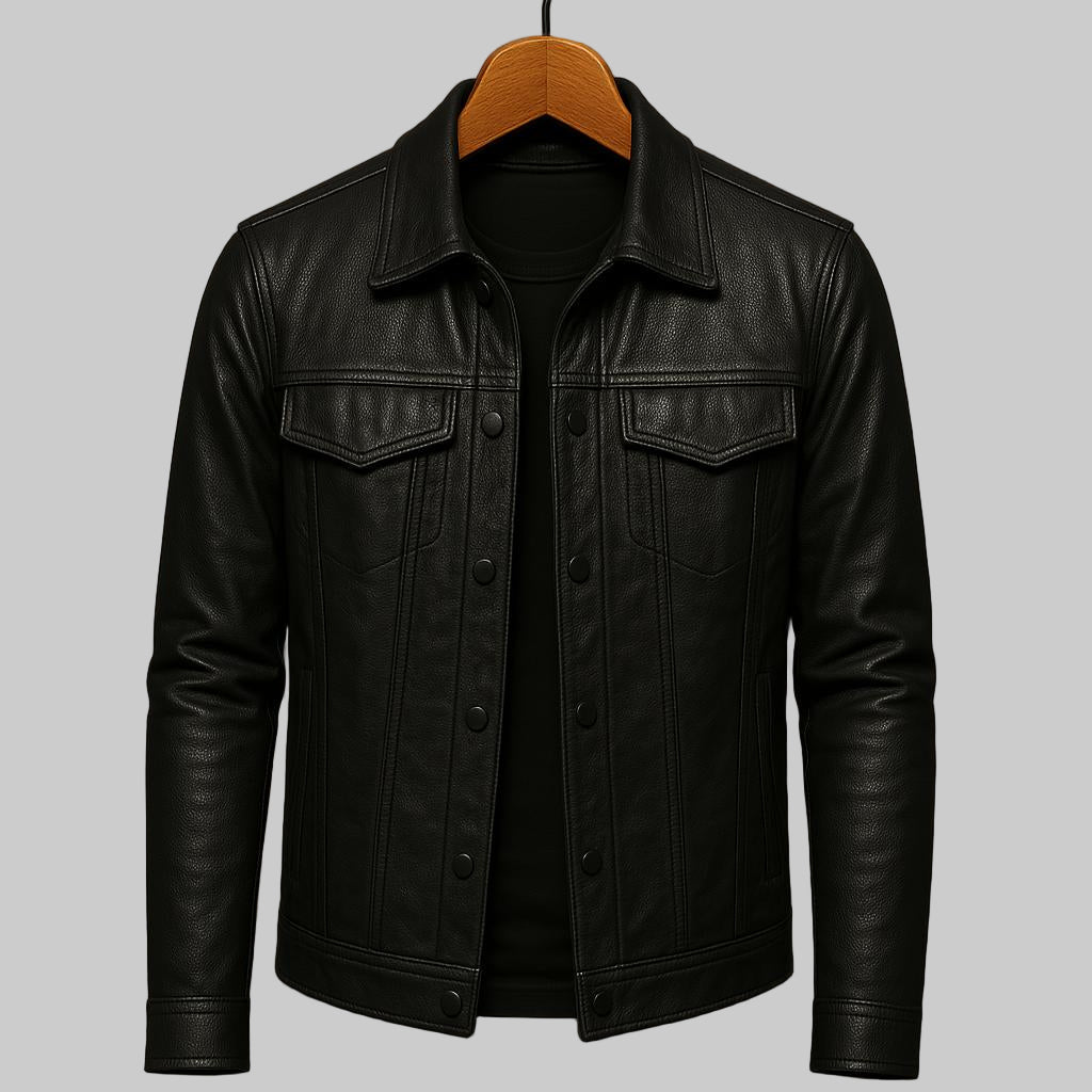 Mens leather trucker jacket in Black, front view on a hanger