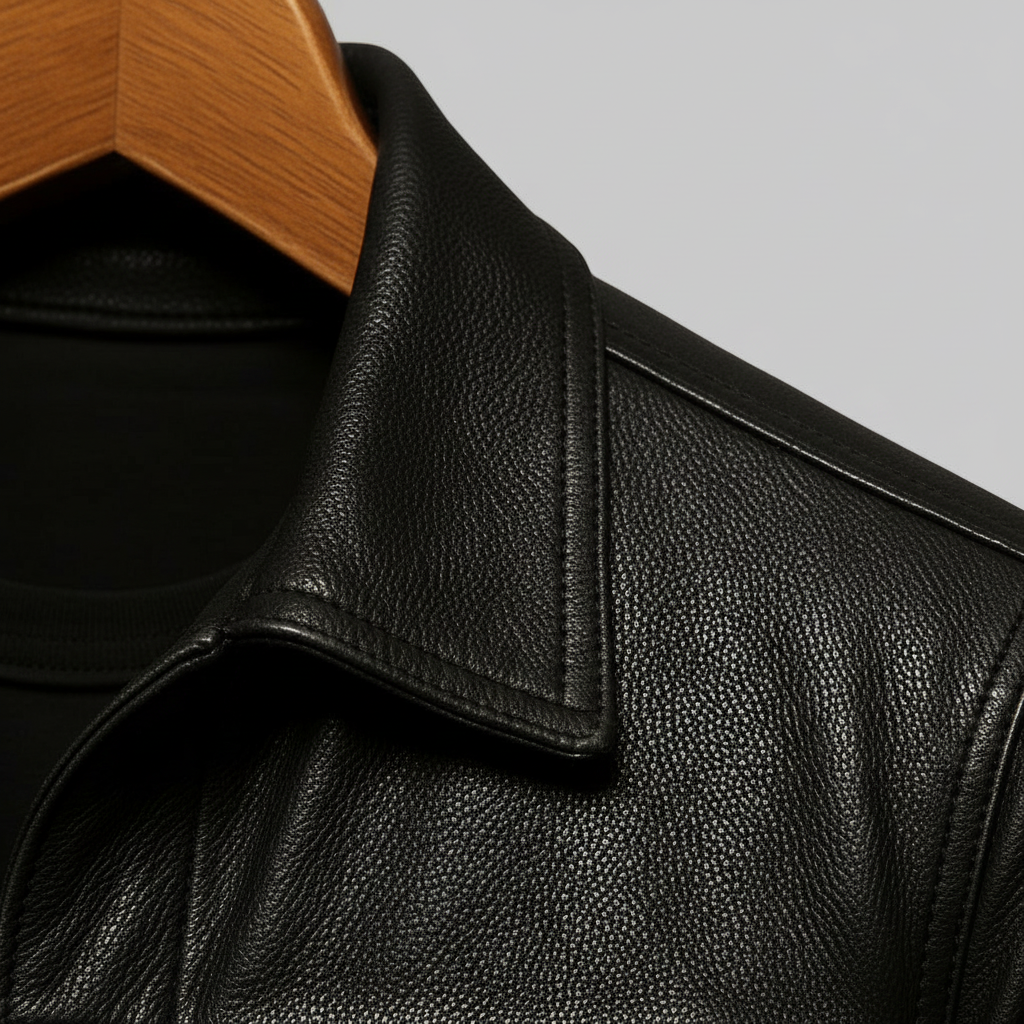 Mens leather trucker jacket in Black, close-up of the collar and shoulder seam