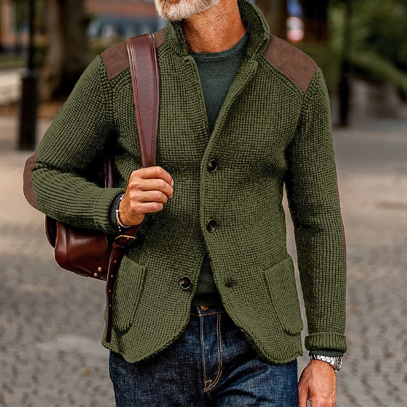Mens cardigan with stand collar and shoulder patches, shown in olive green