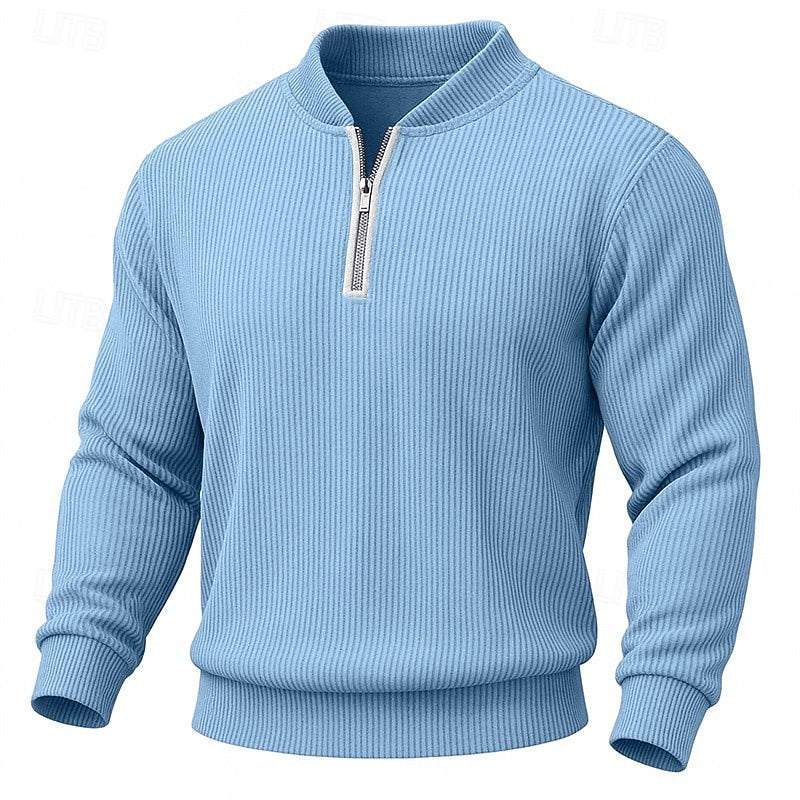 Light Blue stand Collar Quarter Zip Sweater for Men in Ribbed Knit