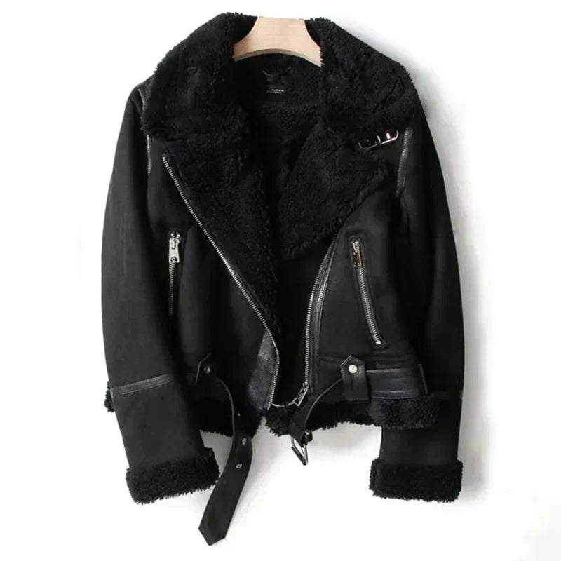 Womens sherpa lined jacket in Black with biker zip, sherpa collar and belted hem