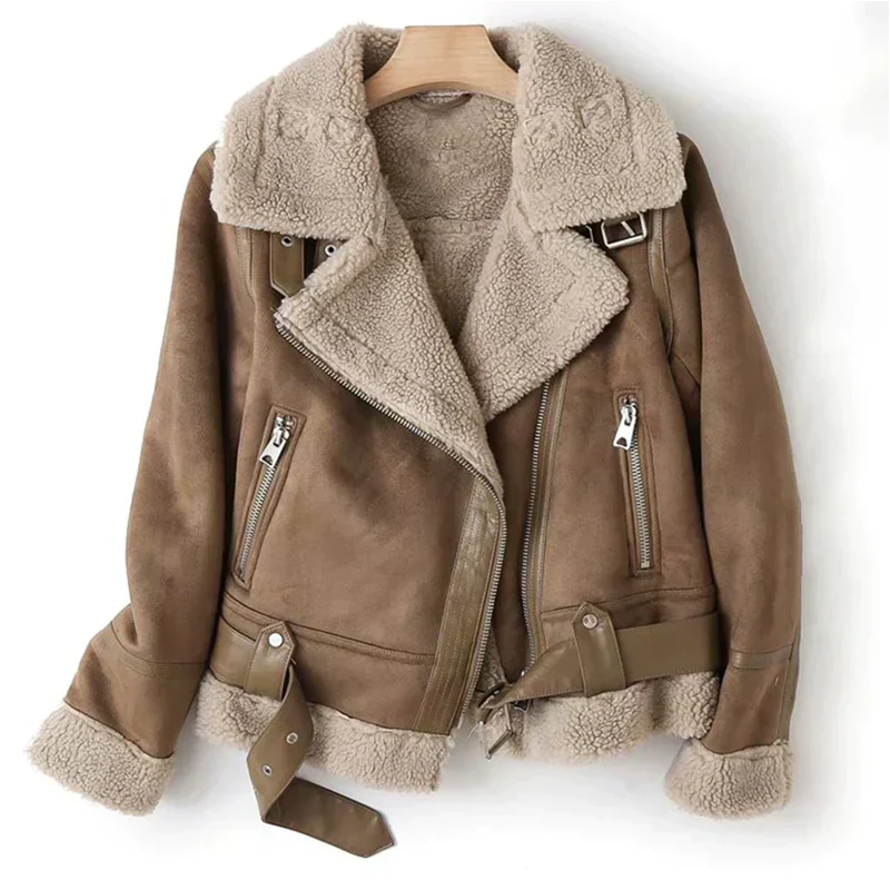 Womens sherpa lined jacket in Brown with cream sherpa collar, cuffs and belted hem