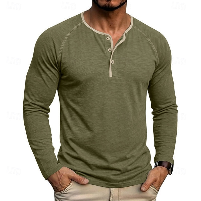 Mens henley shirt in Army Green, worn on model