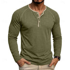 Mens henley shirt in Army Green, worn on model