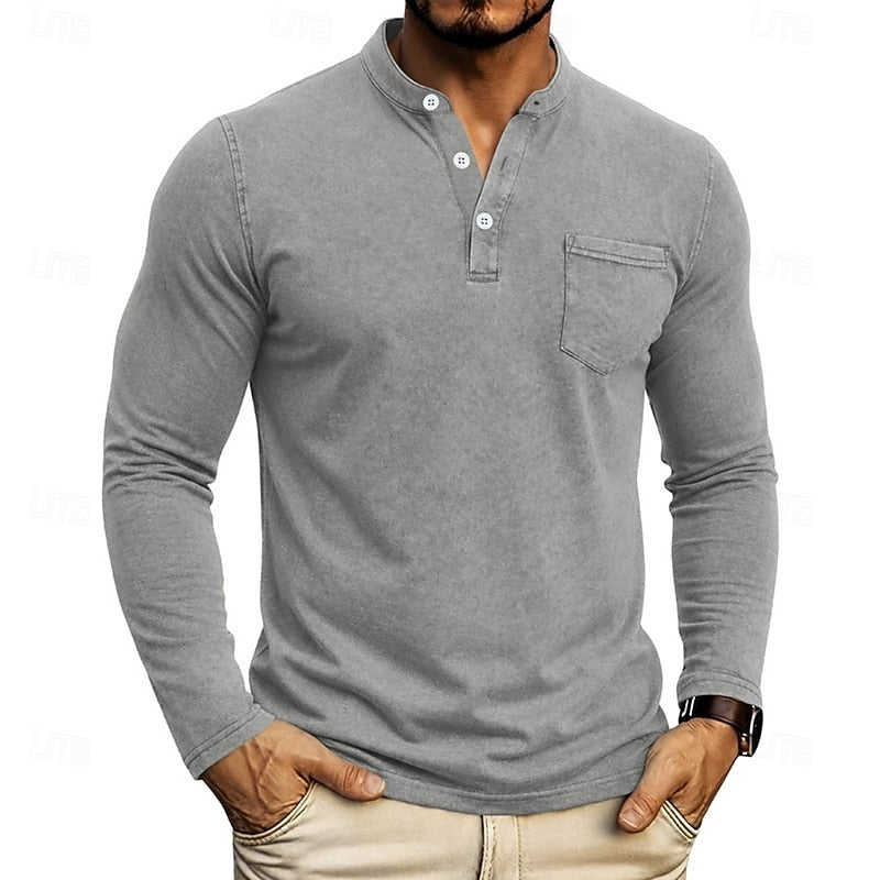 Chest Pocket Henley Shirt for Men in Light Gray